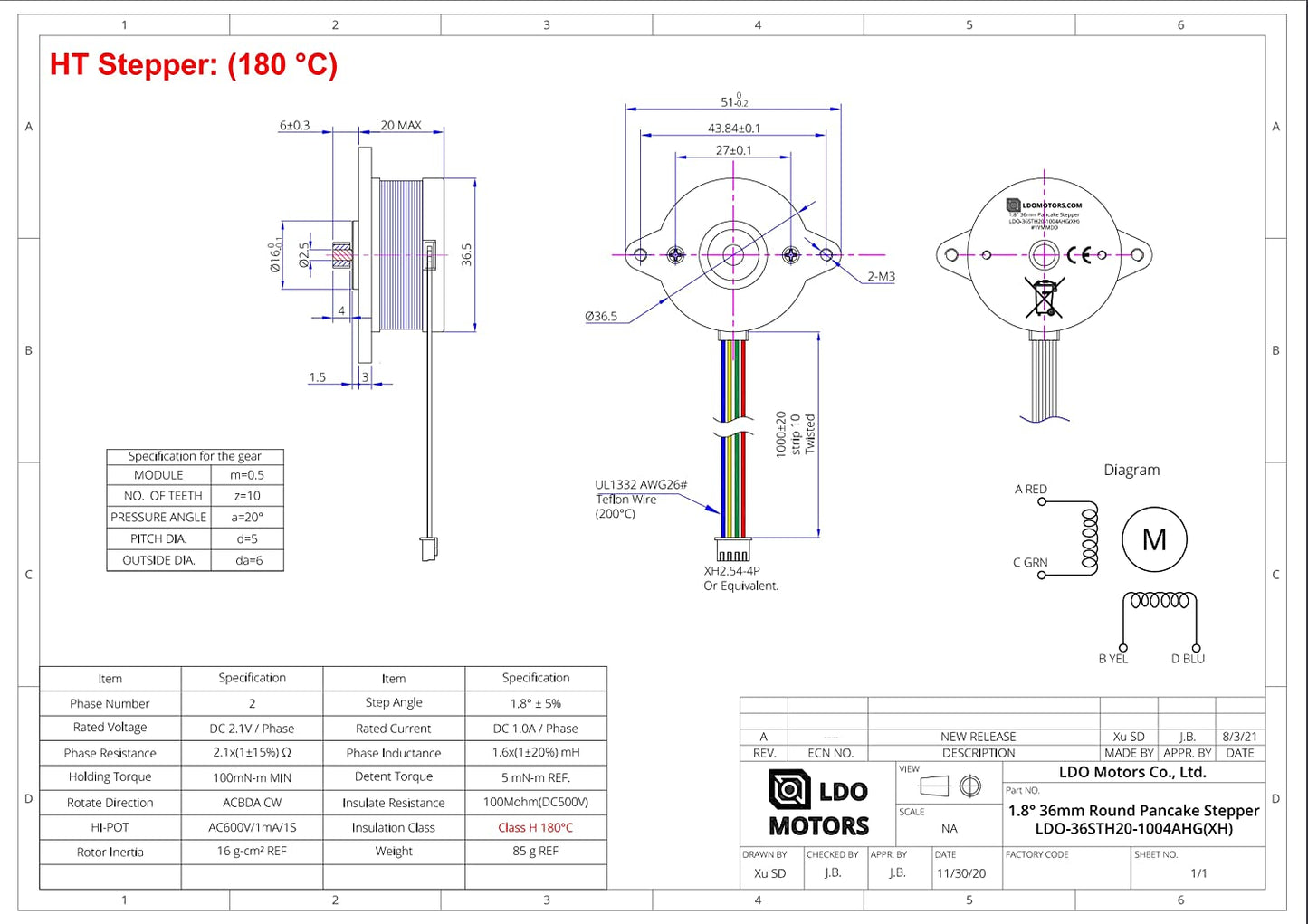 LDO Motors NEMA14 36mm Round Pancake Motor